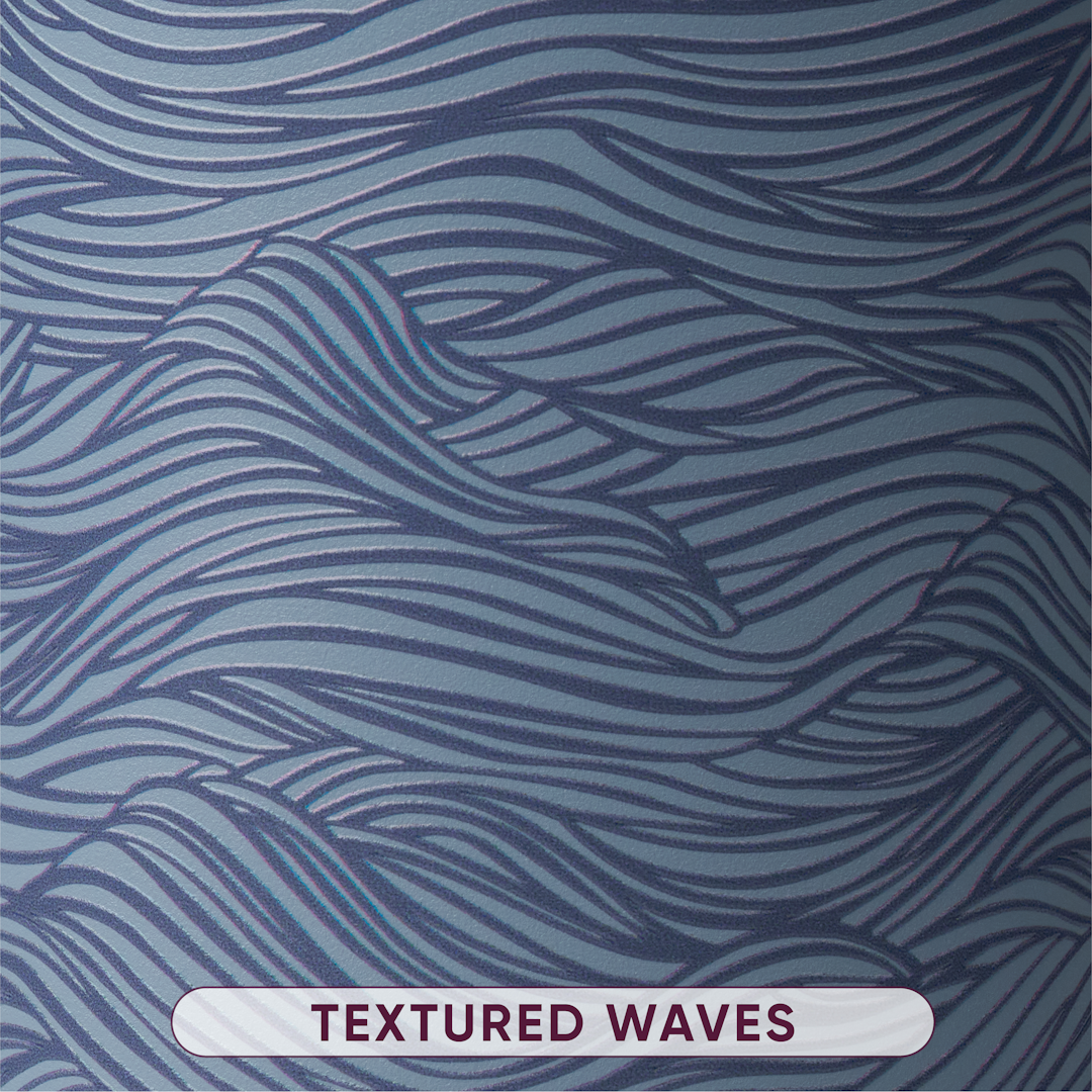 Close-up of slate blue embossed wave pattern with Textured Waves label